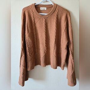 Marled XL Caramel Brown Cropped Sweater Cable Knit With Bell Sleeves
